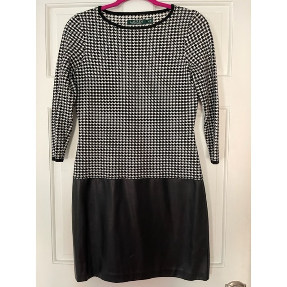 Ralph Lauren Black White Houndstooth Faux Leather Skirt Shift Dress, Size S